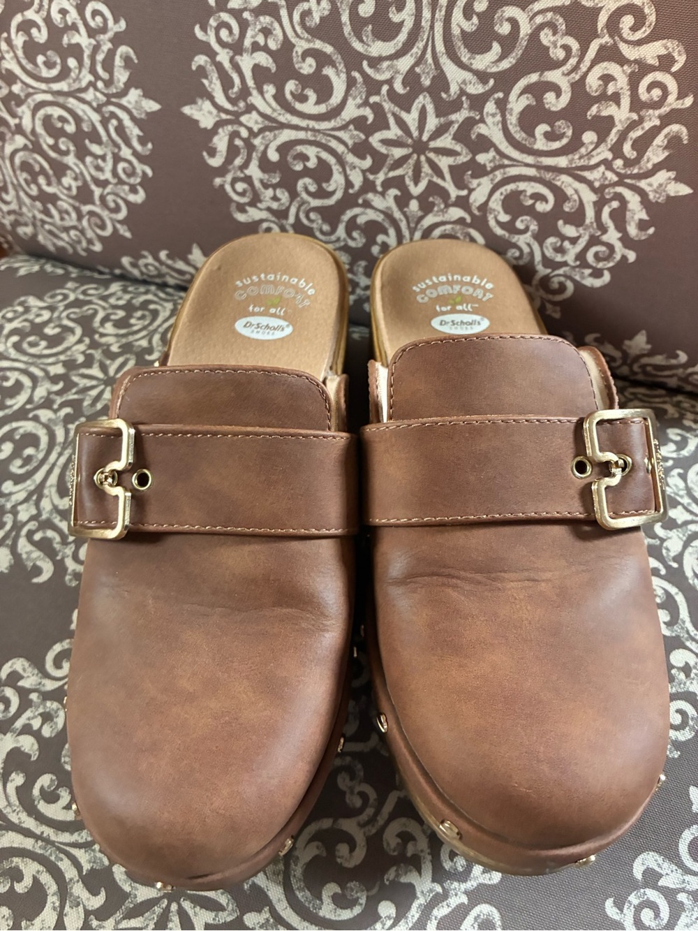 Dr. Scholl's Tan Leather Buckle Clogs